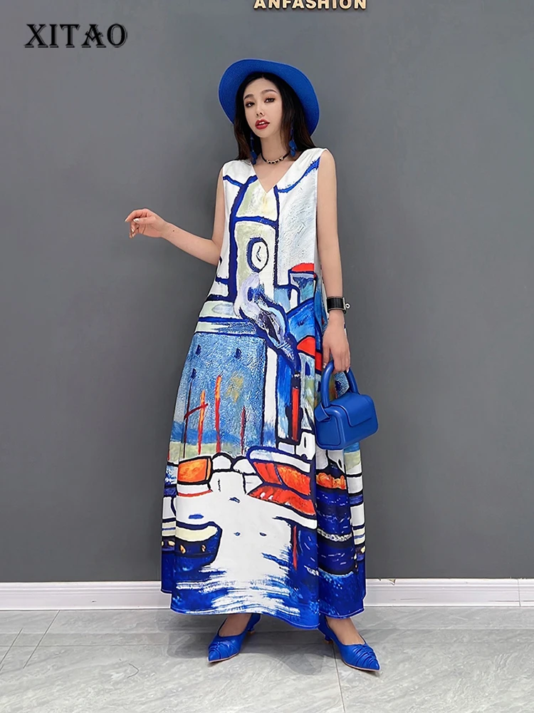 

XITAO Повседневное платье с принтом модное контрастное платье с v-образным вырезом и рукавами пуловер свободное женское простое платье WMD0559