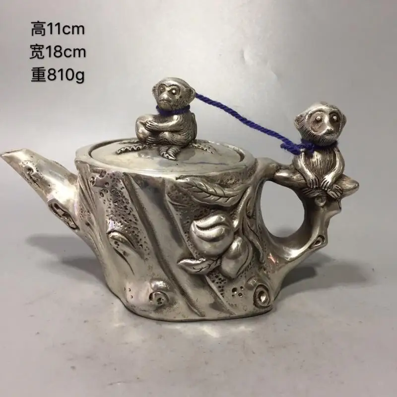 

Chinese white copper Carving Zodiac Year Animal monkey Offering Peach Cupronickel red wine pot teapot Teakettle Health Longevity