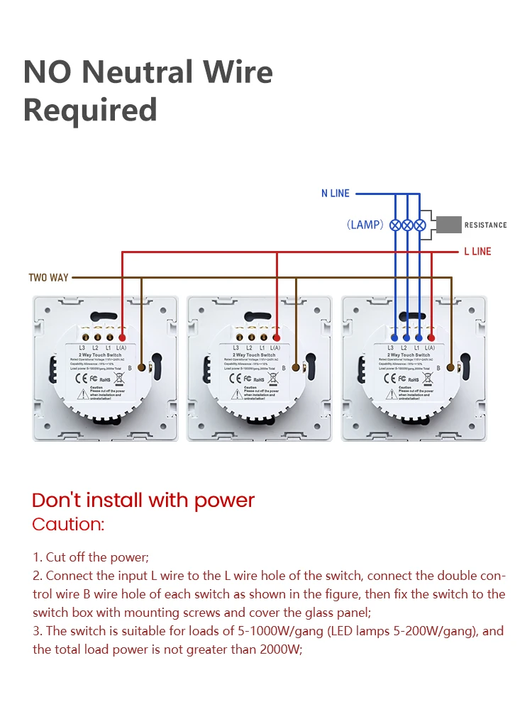 Двухконтактный переключатель Logen 1/2/3 клавиши двухсторонний для лестницы