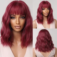 medium length synthetic wigs wine red short wavy hair wig with bangs for women afro party cosplay hair wigs heat resistant
