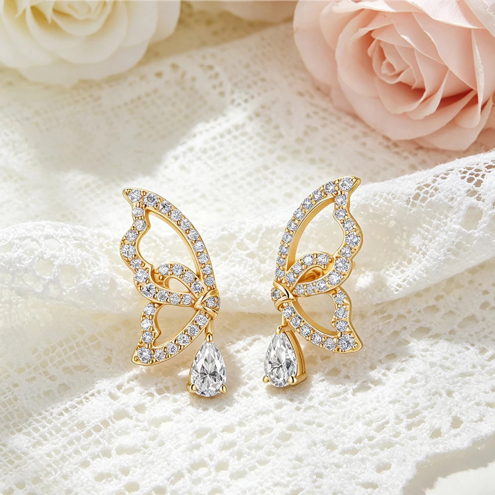 Фото Серьги-гвоздики XCY Moissanite в форме бабочки, серебро S925, сверкающие серьги-капли для женщин, для свадьбы, вечеринки, невесты, изысканные ювелирные украшения №3