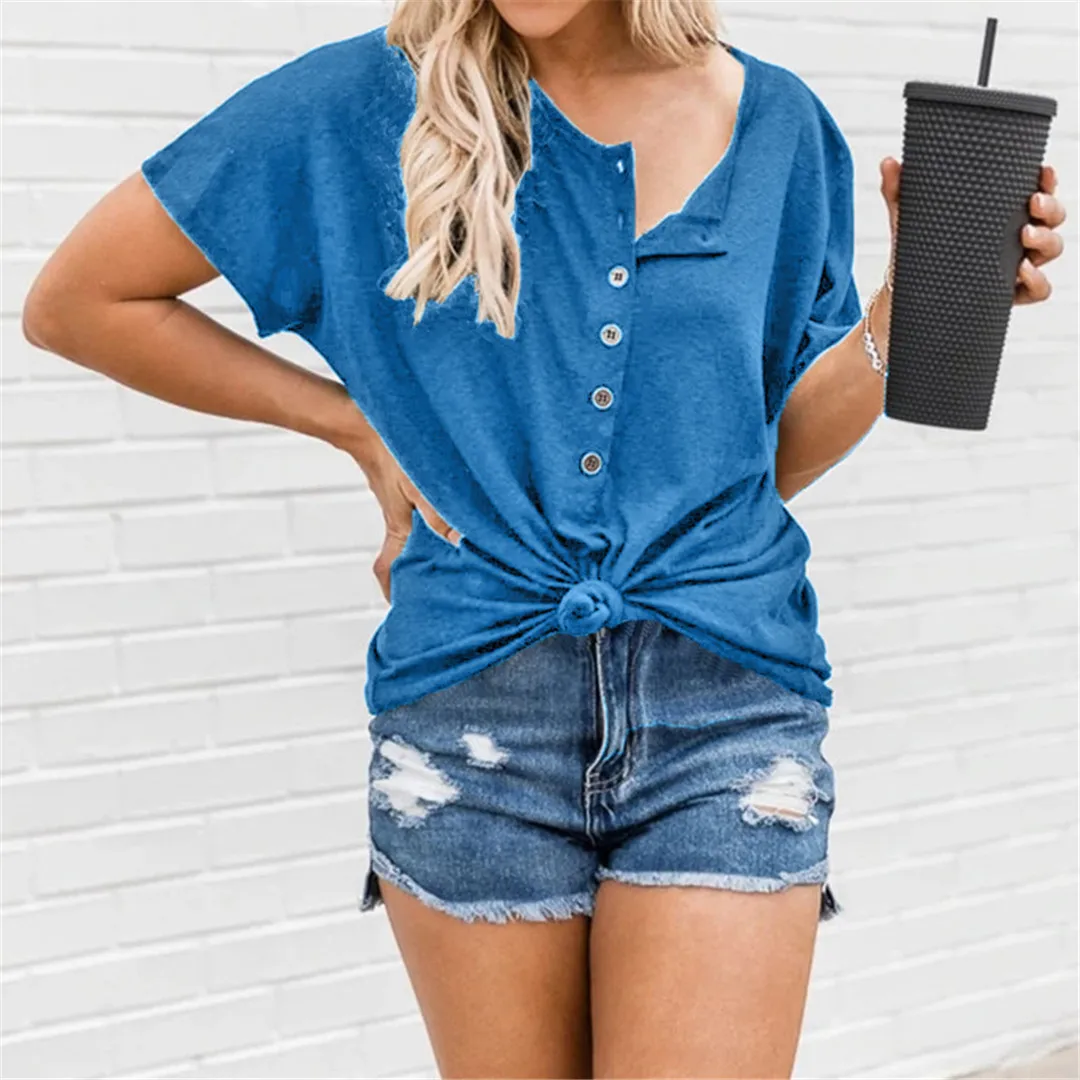 

Summer New Fashion Women's Top Irregular Hem Button Short Sleeve T-Shirt Casual Loose Round Neck Simple Harajuku Oversize Tshirt