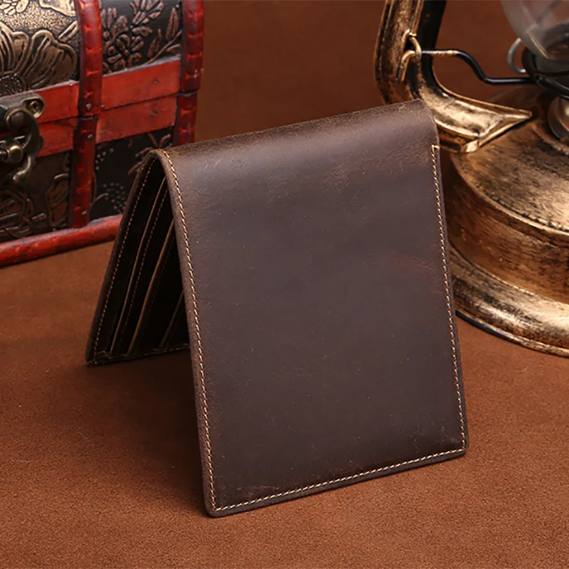 

High Quality Genuine Leather Bifold Purse Pocket Cash Credit Card Holder Coin Vintage Crazy Horse Cowhide Men Short Wallet