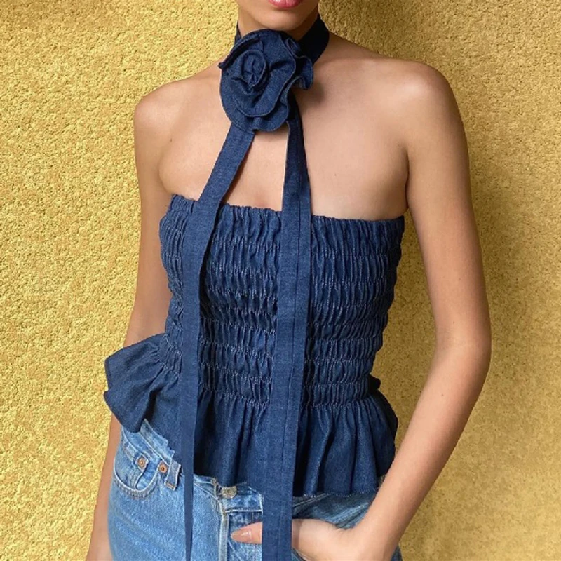 Кроп-топ женский с цветочным 3D принтом и открытыми плечами без бретелек