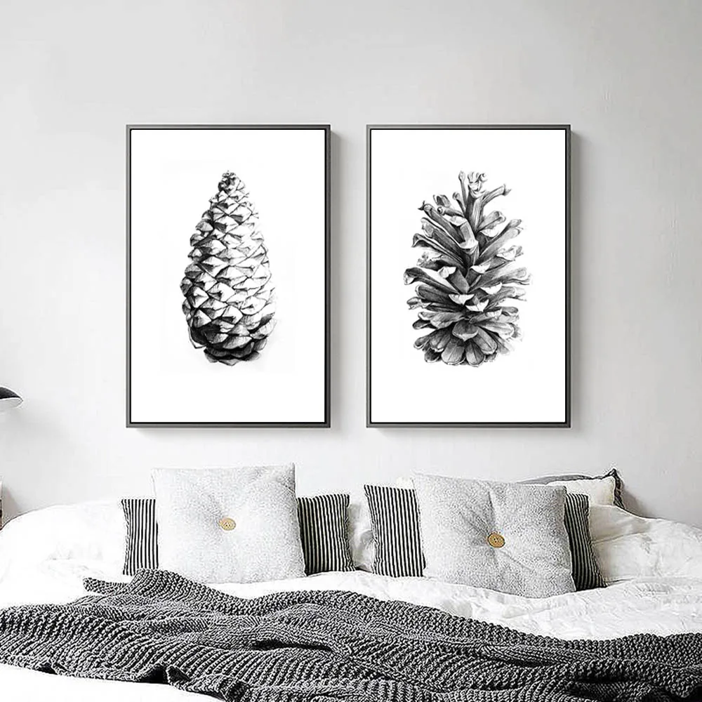 Черно-белая эскизная ручная рисованная картина соснового шишки на холсте, печати настенного искусства, нордические изображения для гостиной, декор дома.