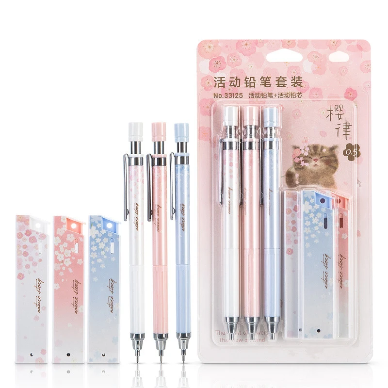 

3pcs Mechanical Pencils with 3boxes Refills Kawaii Automatic Pencil Set with Leads Korean Stationery Press Pens Office Supplies