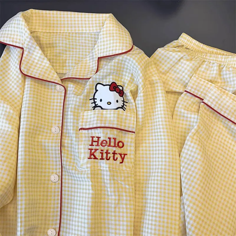 Весенне-осенние желтые клетчатые пижамы с принтом Hello Kitty для девочек модные и
