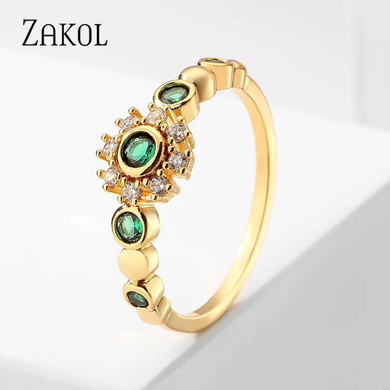 

ZAKOL Women's Zircon Rings Exquisite Luxury Wedding Jewelry Female Crystal Round Green Stone Ring Classic Holiday Gift 2022