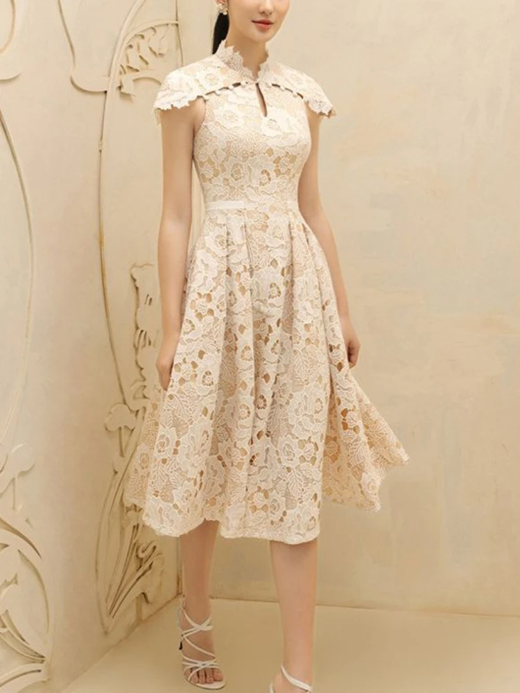 

2023 Summer New In Lace Hollow High Waist Women Dress Swing Hem Sleeveless Knee-Length Half High Collar Fashion Elegant Dress
