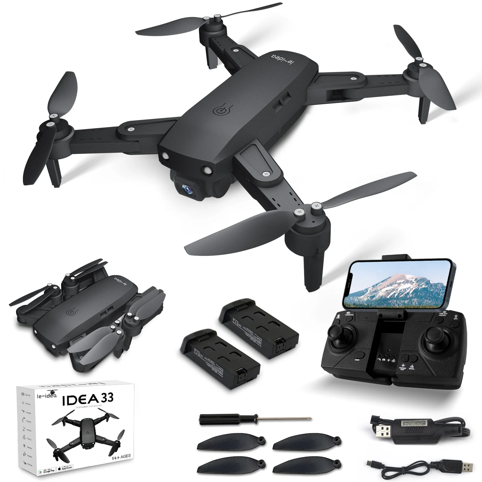 

IDEA33 Drone with camera 4k, Drone with GPS/Optical Flow Positioning for Beginners, foldable 5GHz WIFI Quadrocopter, 2 Batteries
