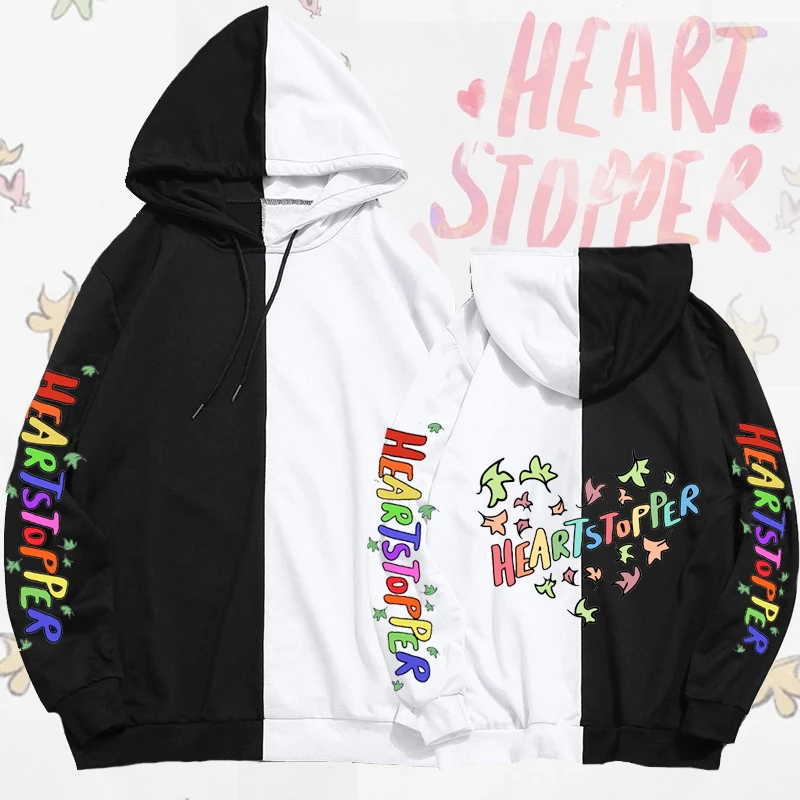 

Unisex Heartstopper Hoodie Black white Stitching Harajuku Hooded Sweatshirt Kawaii Nick Charlie Graphic Print Pullover TV Serie