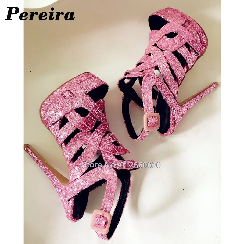 

Hollow bling glitter pink pumps high heel sandals solid summer open toe platform sandal for woman cutouts ankle strap sandal