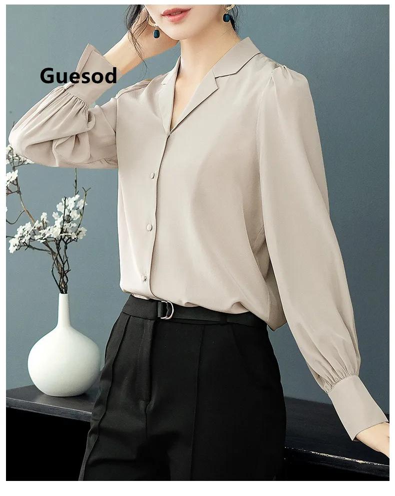 

Guesod Women Silk Bloue High Quality Exquisite Female 2022 Spring Summer Solid Color V-Neck Silk Notched Collar Blouse New