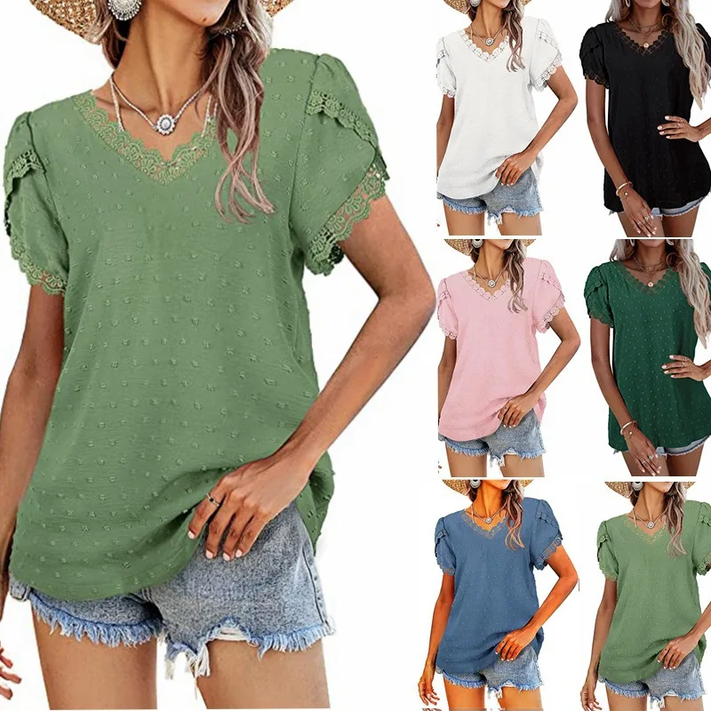 

Summer Short Sleeve Blouses For Women Fashion V Neck Elegant Casual Solid Color Tops Female Chiffon Shirt