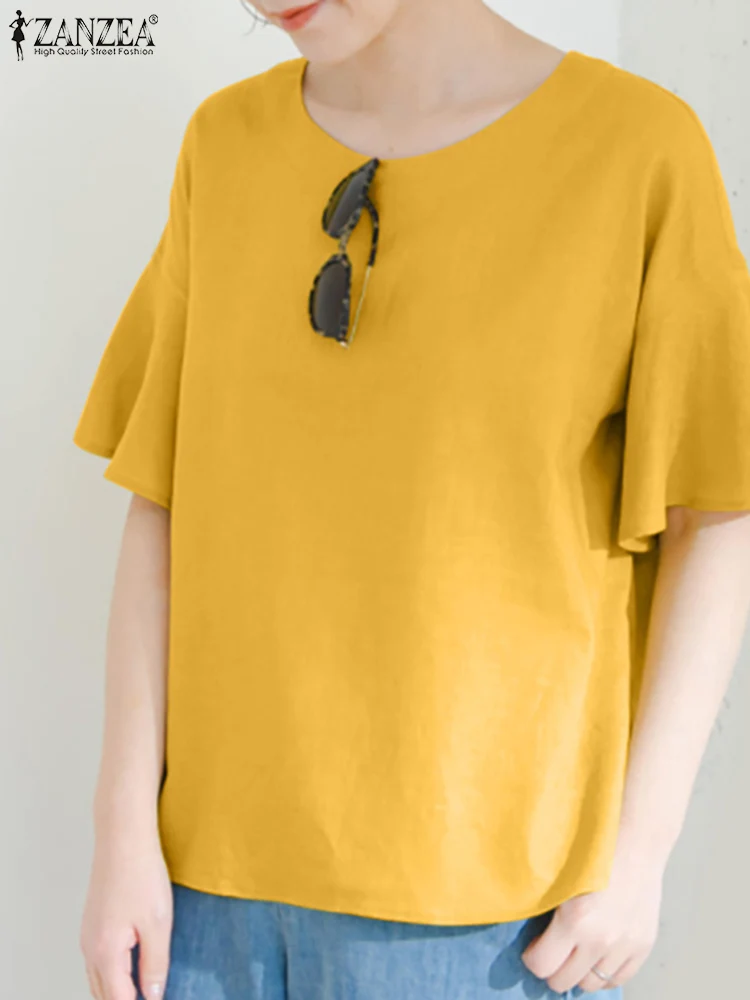 

Women O Neck Short Flare Sleeve Shirt 2023 ZANZEA Fashion Summer Blouse Elegant Solid Tunic Tops Casual Loose Work Blusas Mujer