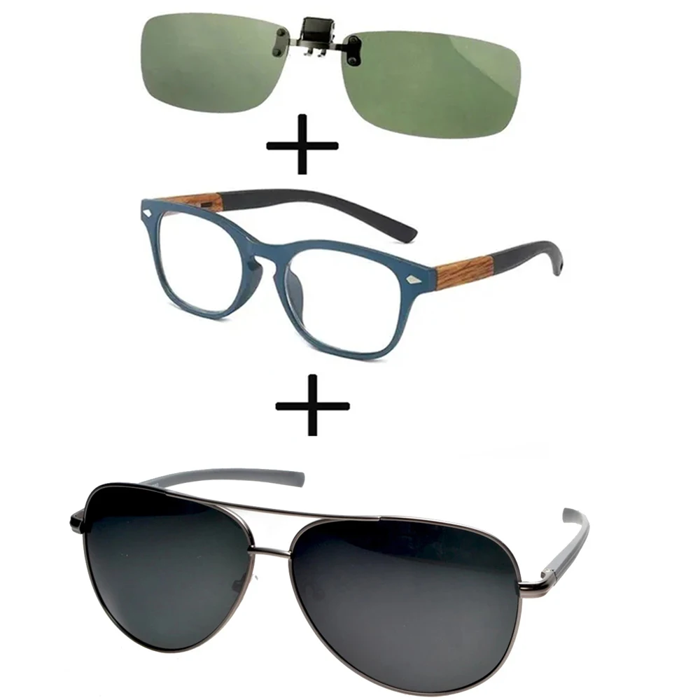 

3 шт.! Удобные деревянные очки для чтения в квадратной оправе для мужчин и женщин + поляризованные солнцезащитные очки из сплава + зажим для солнцезащитных очков