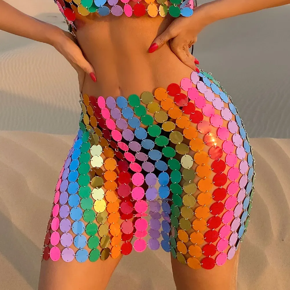 Женский комплект бикини с блестками и цепочкой блестящая женская юбка открытой