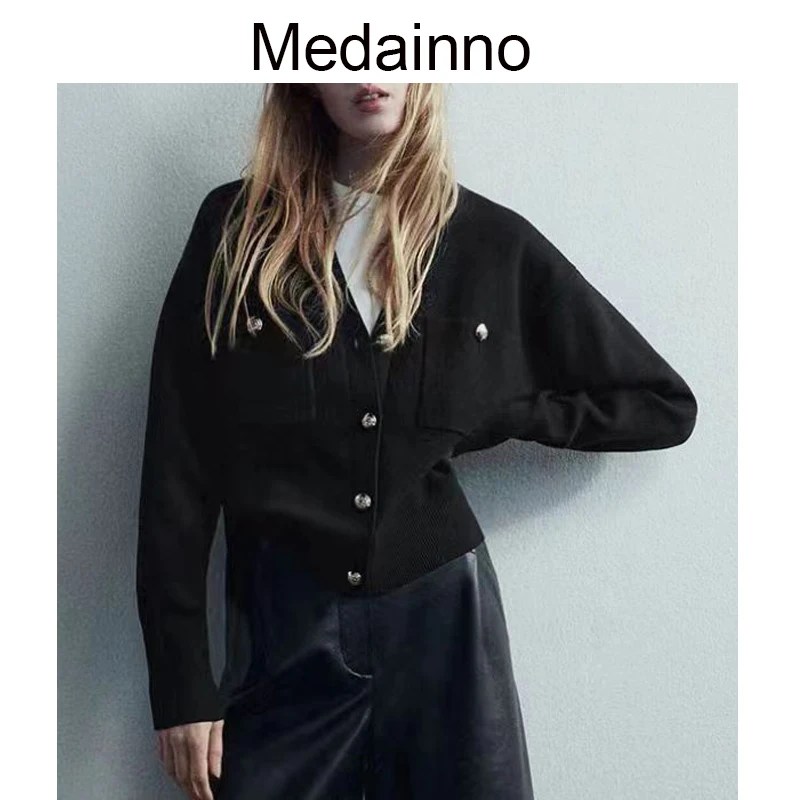 

Medainno 2023 весенний Модный женский новый однобортный вязаный свитер на пуговицах кардиганы повседневные Универсальные однотонные простые же...