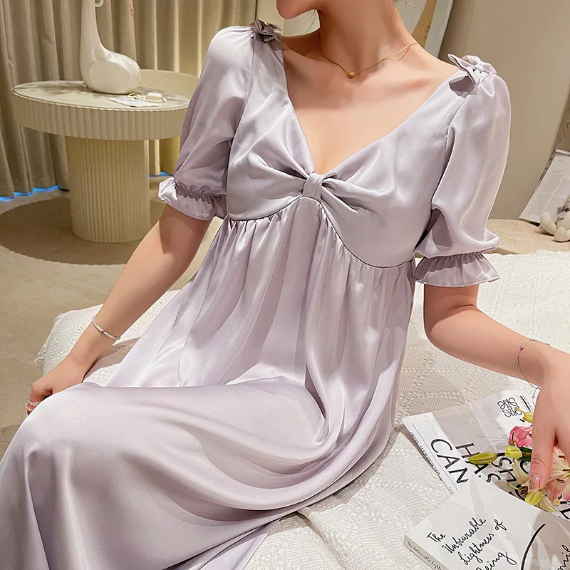 

Fdfklak Net Red 2022 New Silk Satin Nightdress Women's Short-Sleeved Bow Sexy Fairy Dress Female Nightgowns Deep V Sleepdress