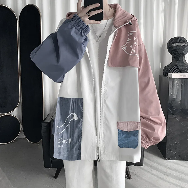 

New Patchwork Youth Casual Men Jackets Thin Long Sleeve with Hooded Cat Patterned Breathable Zipper Loose Men's Fashion Jackets