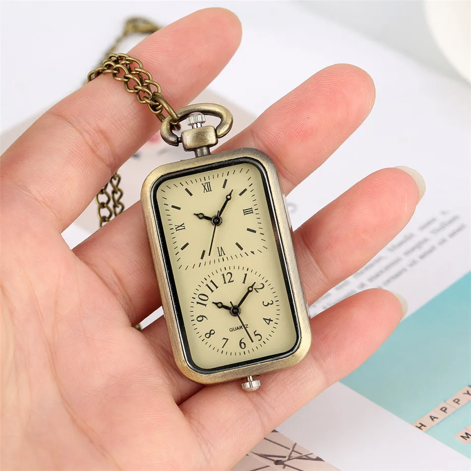 Dual Time Zone Bronze Quartz Pocket Watch Rectangle Shape Necklace Watch Fob Chain Retro Accessory Gifts for Men Women