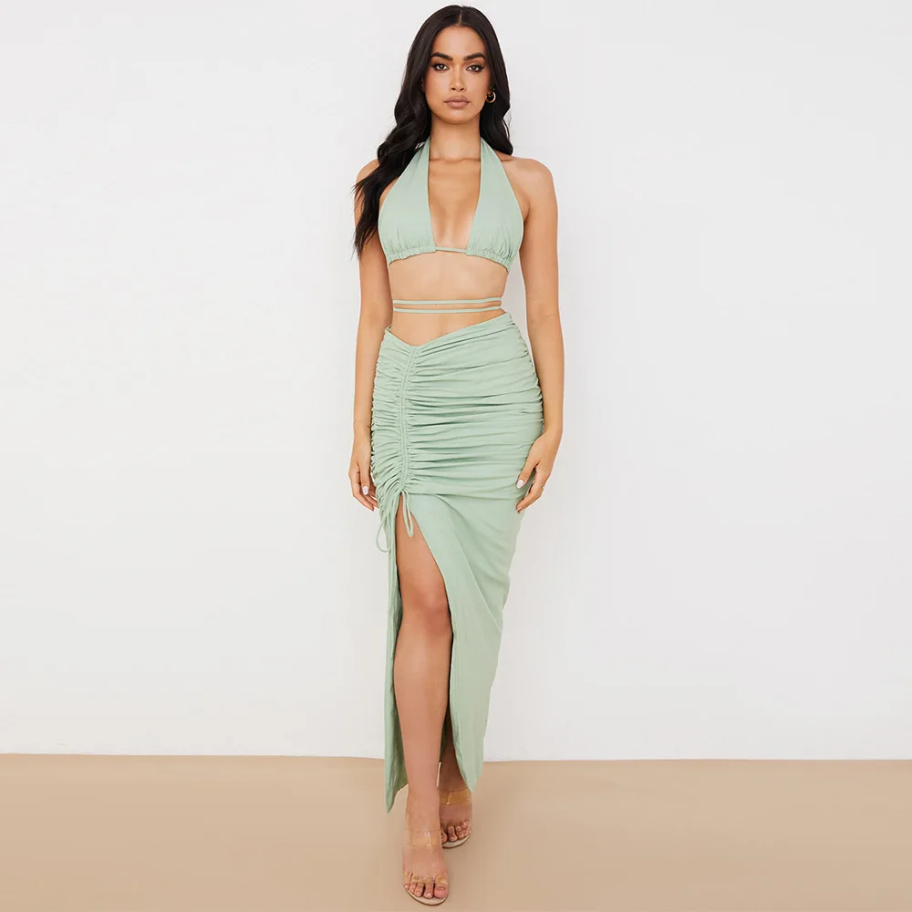 

Sexy Strap Halter Top Drawstring Long Skirt Two-piece Green Navel-exposed Split Nightclub Dress
