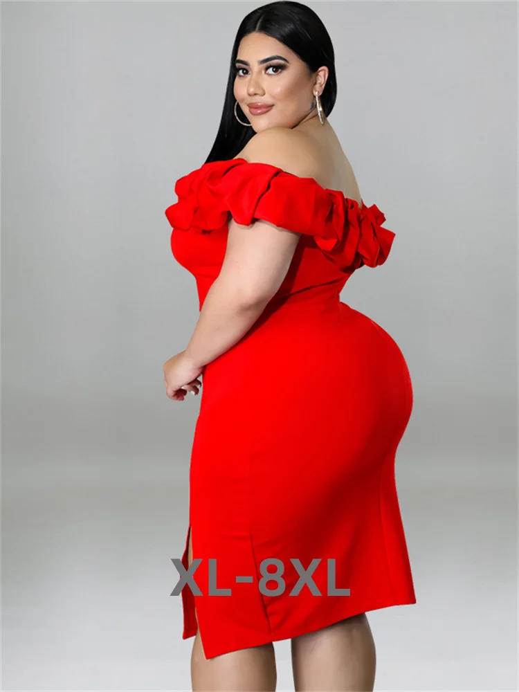 Plus Size Women Clothing Party Dresses Summer Ruffles Off Shoulder Solid Bodycon Elegant Midi Dress Sum 3xl 4xl 5xl 6xl