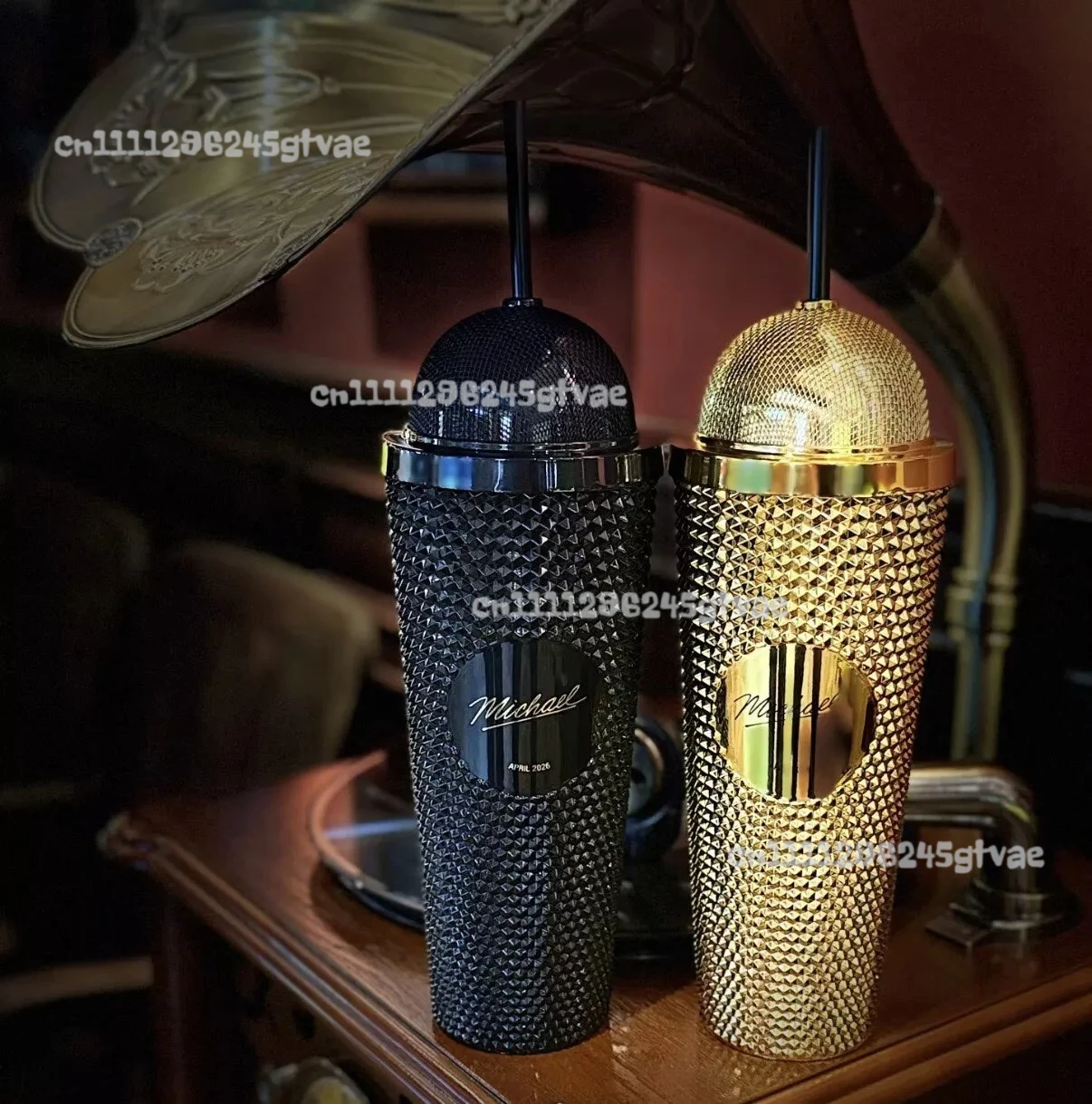 Фото Стакан с соломинкой Michael Rhine Stone Tumbler Bling, бутылка для воды с дизайном микрофона, сувенирная кружка в форме шляпы, ведерко для попкорна №2