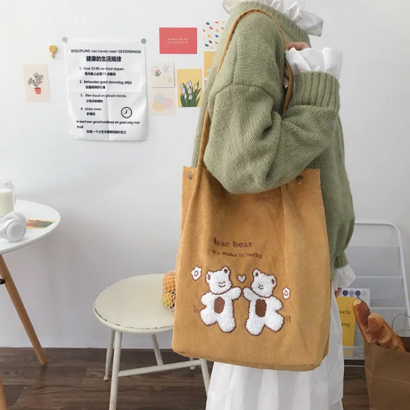 

New Corduroy Shopping Bag Wild Bear Embroidered Bag Handbag Luxury Brand Shoulder Bag Fresh and Sweet Canvas Bag with Buckle