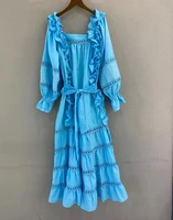 long maxi dress 2022 autumn fashion style women sexy square collar hollow out embroidery ruffle sexy long blue white dress