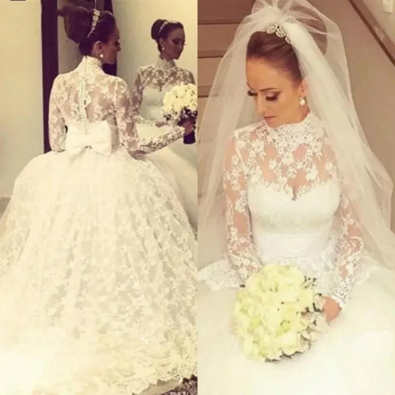

Vintage High Neck Lace Wedding Dresses 2023 Princess Long Sleeves Arabic Dubai Ball Gown Bridal Gowns For Bride Cвадебное платье