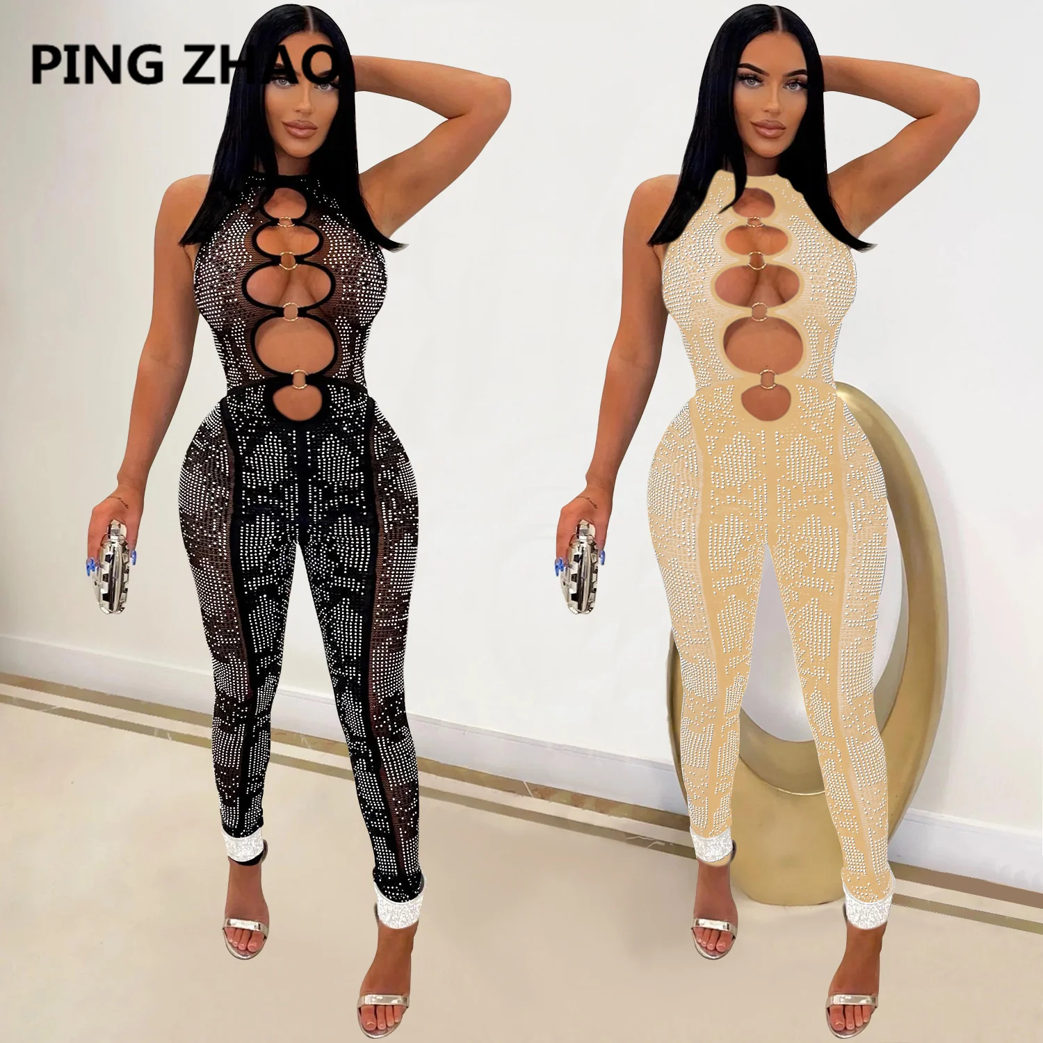 

2022 Summer Sexy Diamond Jumpsuits Women Sleeveless Cut Out Mesh Sheer Patchwork Bodycon One Piece Rompers Clubwear