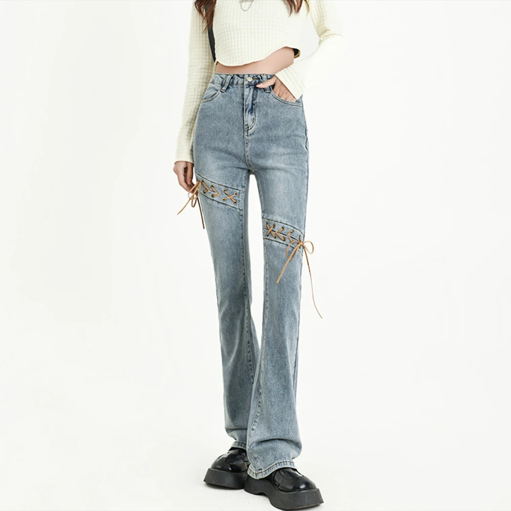 MAKE A FRIEND New Women Trousers Office Lady Solid High Waist Leg Hollow Out Drawcord Micro Flare Jeans Elastic Slim Denim Pants