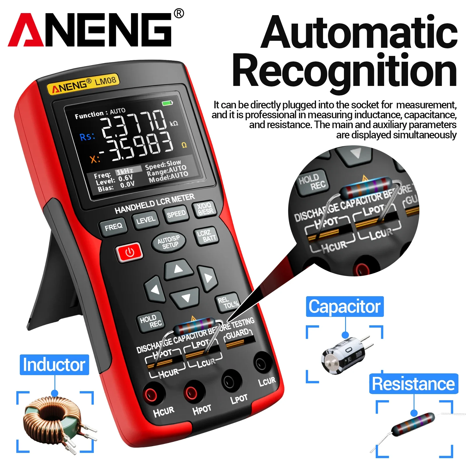 Фото Цифровой тестер LCR ANENG LM08 для измерения индуктивности, емкости, сопротивления, импеданса, ESR и внутреннего сопротивления батарей. №3