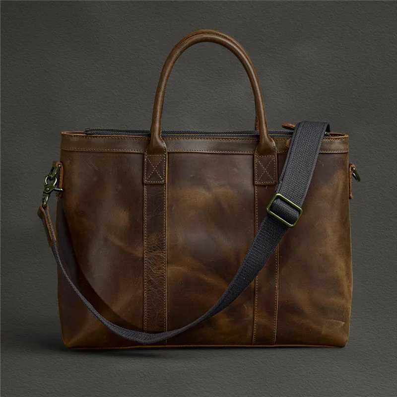Vintage luxury crazy horse cowhide men's briefcase business casual designer genuine leather laptop handbag work messenger bags