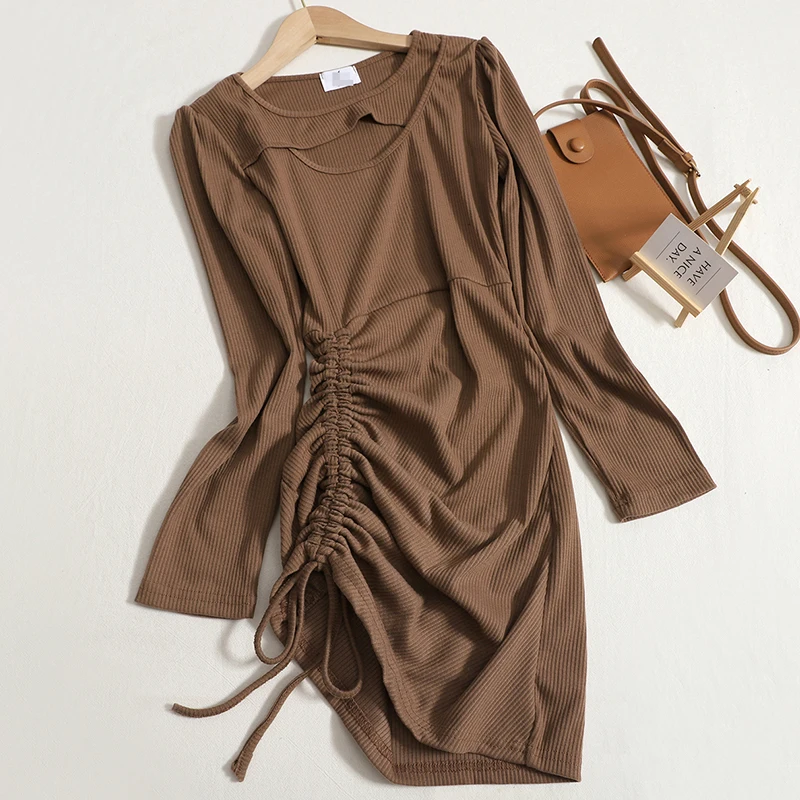 

Hikigawa шикарные модные женские осенние облегающие ажурные мини-платья На Шнуровке Для женщин однотонные сексуальные Y2k облегающие бедра Vestidos...