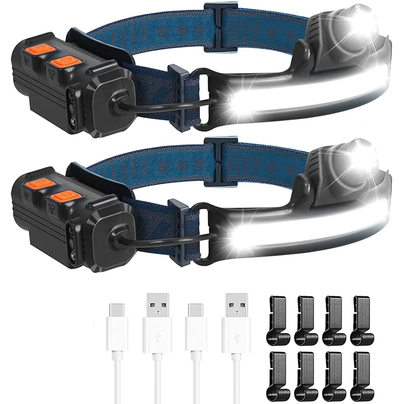

2 PCS Headlight LED Rechargeable,1000Lumen Headlight Flashlight With Motion Sensor,With 8 Helmet Clip,For Camping,Hiking