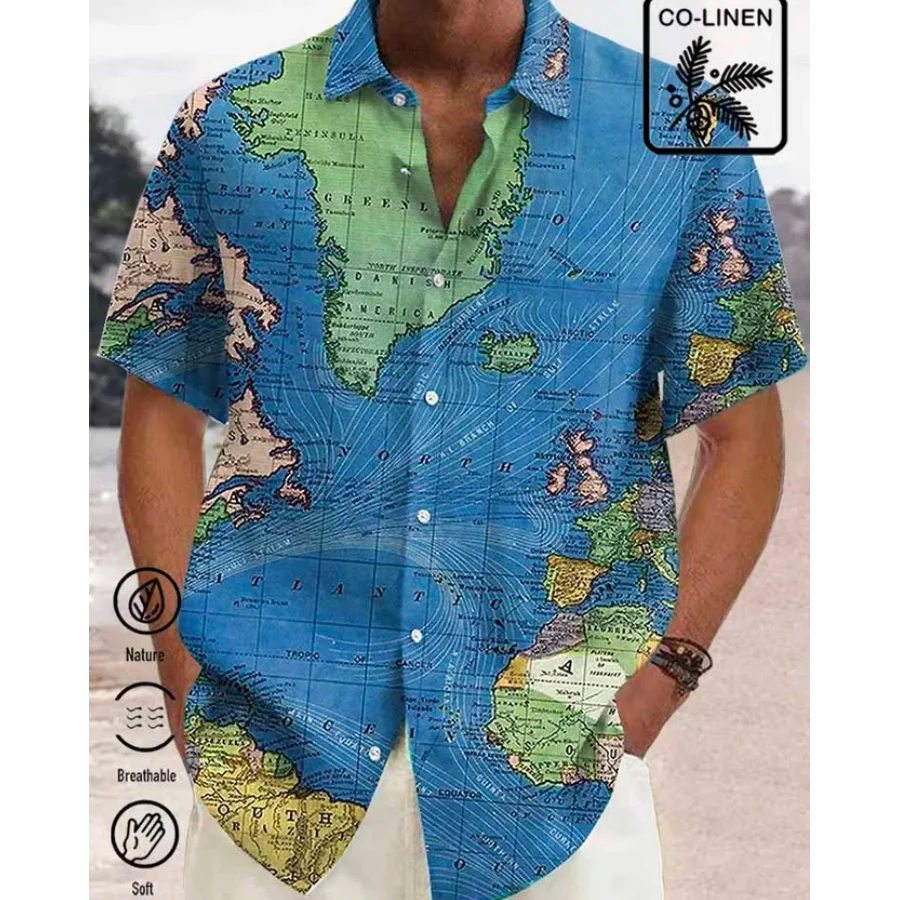 

Hawaiian Shirts Tshirts Men Short Sleeve Tops World Map Print Graphic Clothing Summer Lapel Vacation Clothes Oversized Men Shirt