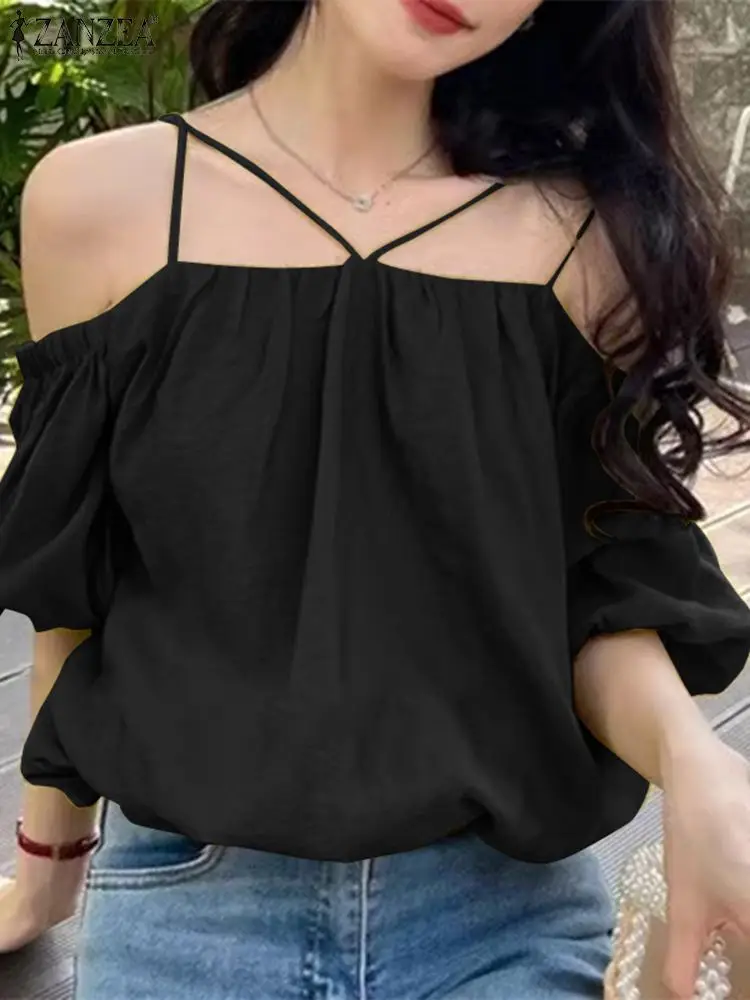 

ZANZEA Oversized Fashion Blouses Women Stylish Off Shoulder Puff Short Sleeve Straps Blusas Summer 2023 Chic Solid Smock Tops