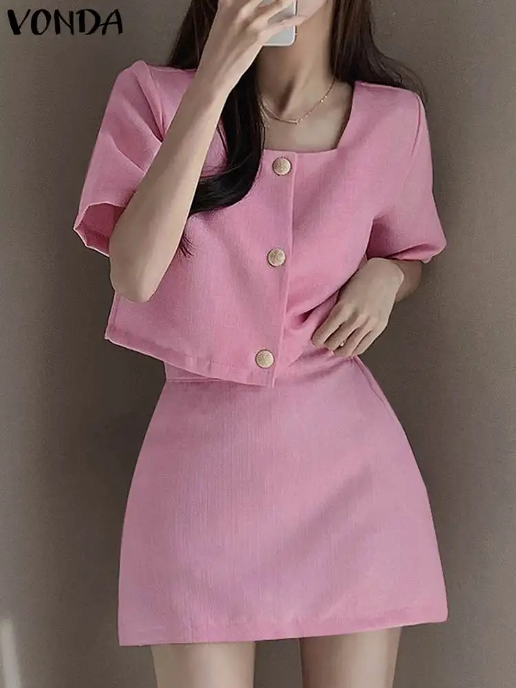 

VONDA Summer Women Dress Sets 2023 Short Sleeve Square Collar Tops Fashion Mini Skirts Elegant Matching Sets Casual Solid Suits