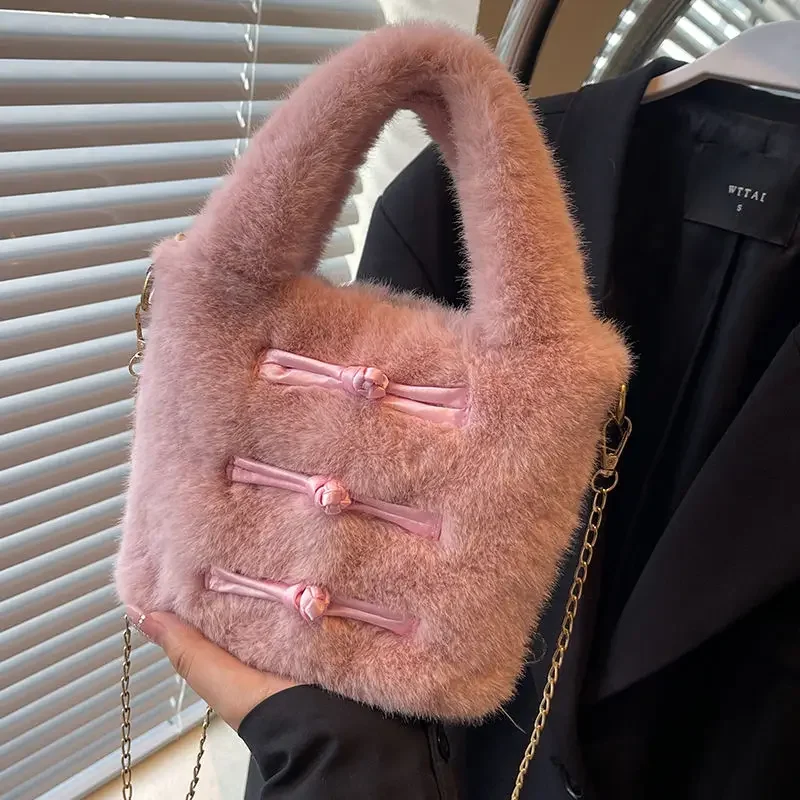 Популярная женская сумка-ведро на цепочке одно плечо новинка 2024 плюшевые