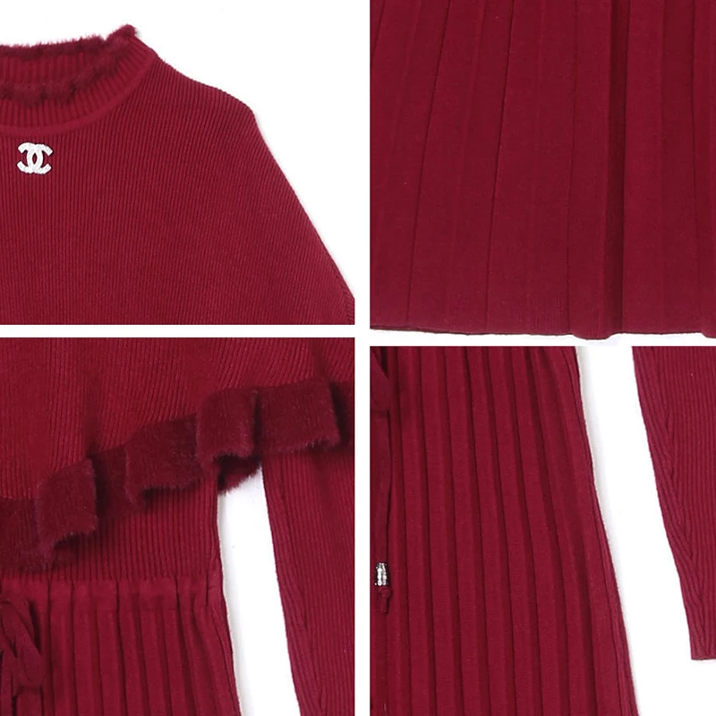 Knitted Dress 2 Peice Set Women Solid Color Half High Collar Ruffles Cloak+V-Neck Sweater Dress Outfits Fall Winter Korean Suit