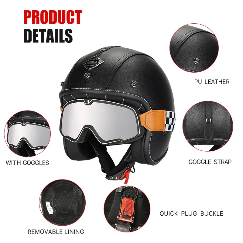 Шлем кожаный с открытым лицом защитный шлем в стиле ретро для скутеров круизеров