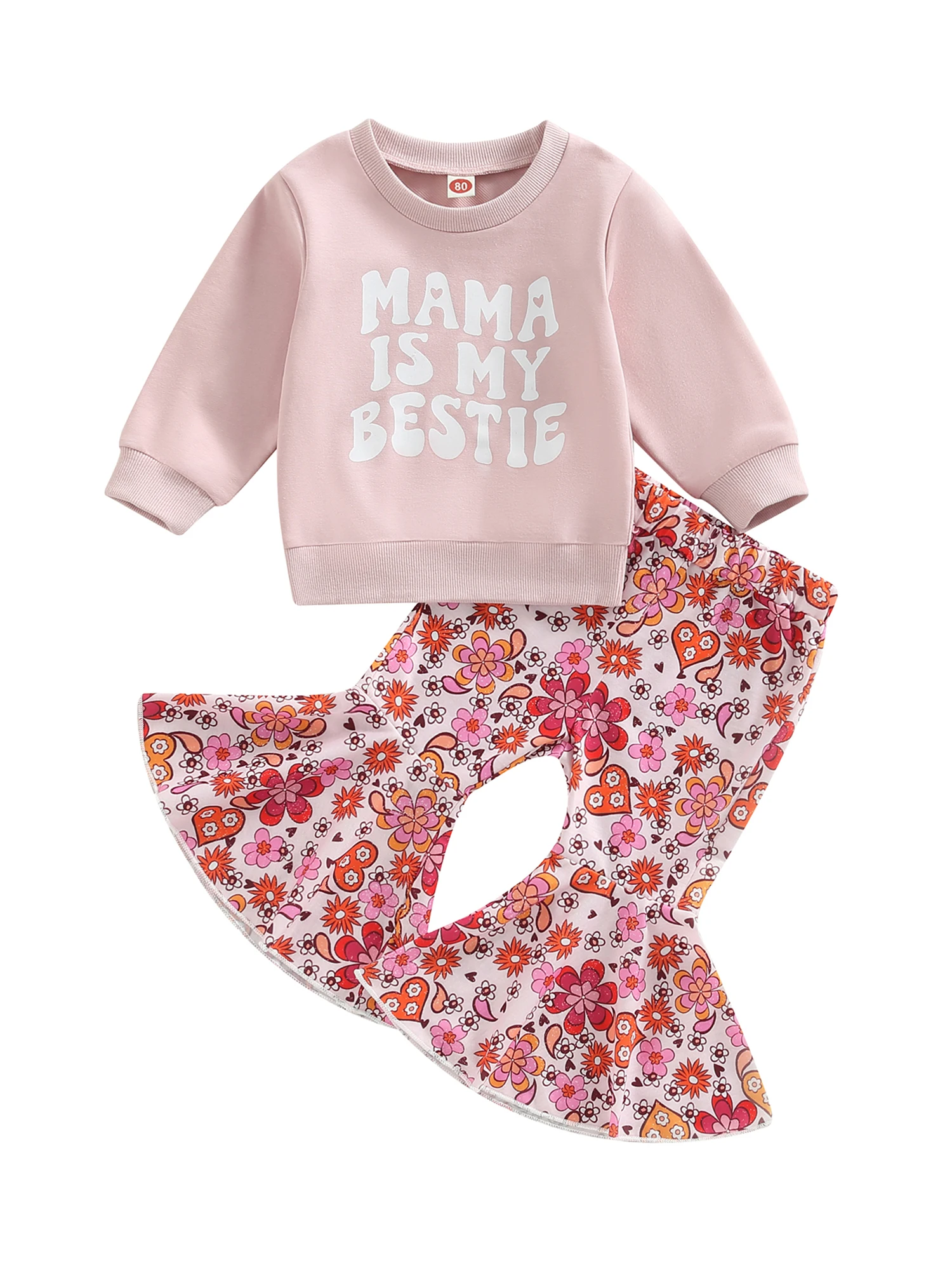 

Toddler Kid Baby Girl Valentines Day Outfit Besties Crewneck Sweatshirt Flared Pants 2Pcs Spring Outfit 6M-4T