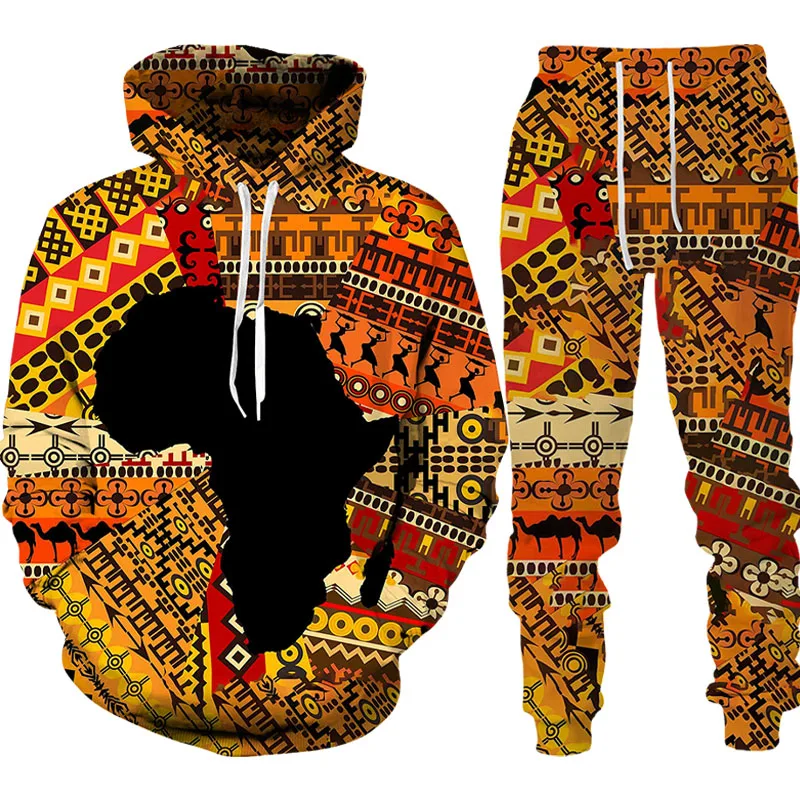 Folk Custom 3D Printing Men's Ladies Hoodie + Pants Two Piece Loose Long Sleeve Sweatshirt African Ethnic Style Dan Color Men's