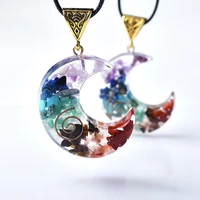 seven chakras reiki natural stone orgone pendant crescent moon necklace resin chakra healing crystal for men women jewelry gift