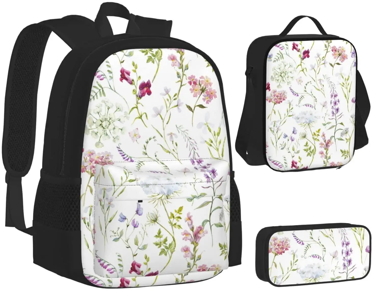 3Pcs Colored Floral Pattern Backpack Set with Lunch Box Pencil Case, School Book Bag for Preschool Elementary Kids Boys Girl