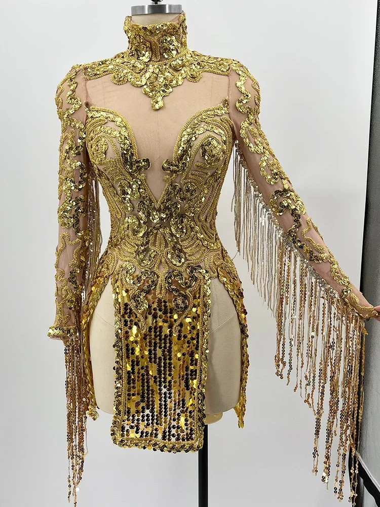 Сексуальное сетчатое прозрачное платье с золотой бахромой и пайетками женское