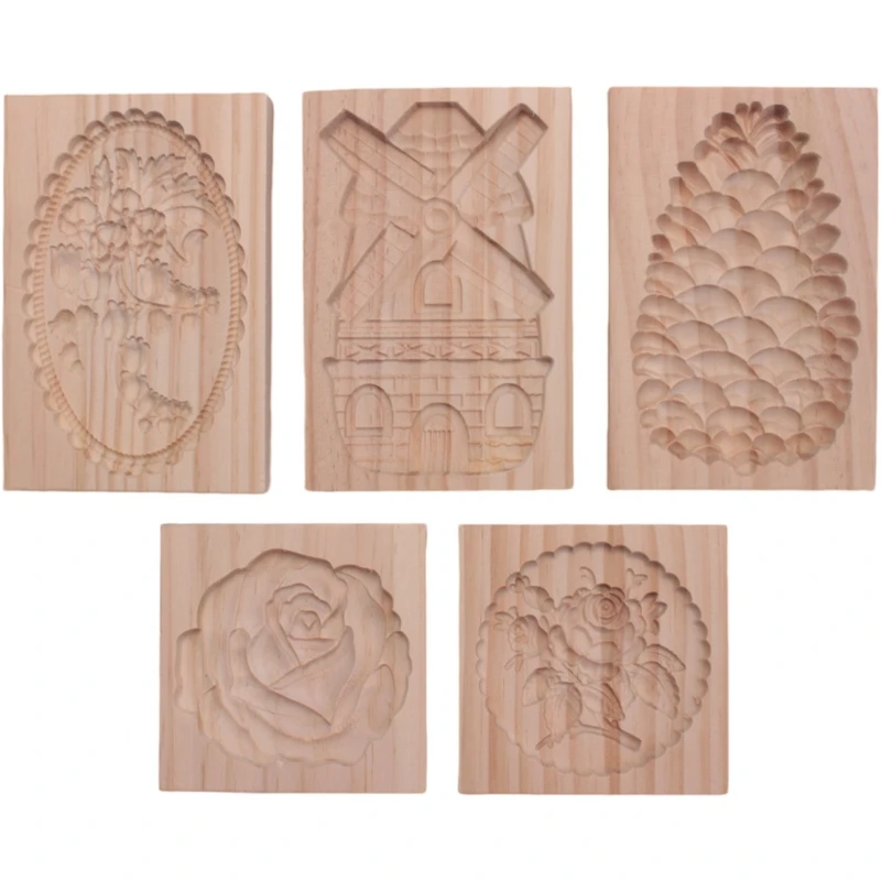 

5PCS 3D Wooden Gingerbread Biscuit Mold Pine Cones Cookie Cutters Rose Style Cookie Mold Baking Mould Portable DIY
