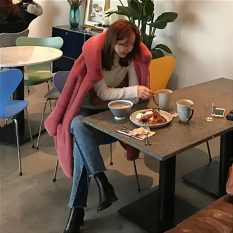 2022 New Warm Windproof Jacket Hoodie Outwear Fake Rabbit Fur Coat Retro Fur Windbreaker Hooded Faux Fur Length Coat long pink